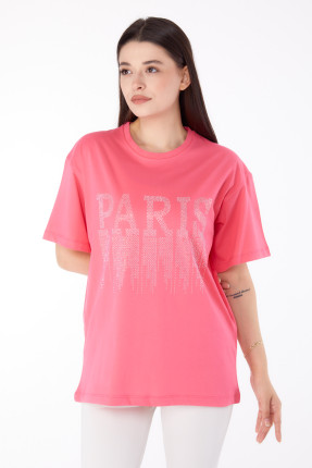 Düz Bisiklet Yaka Kadın Pembe Taşlı T-shirt - 25698