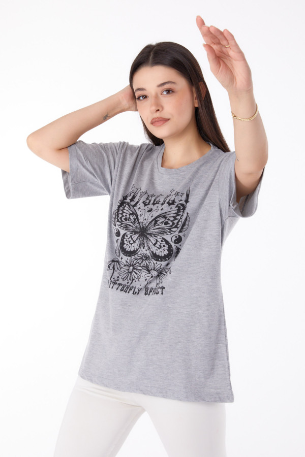 Düz Bisiklet Yaka Kadın Gri Baskılı T-shirt - 25695