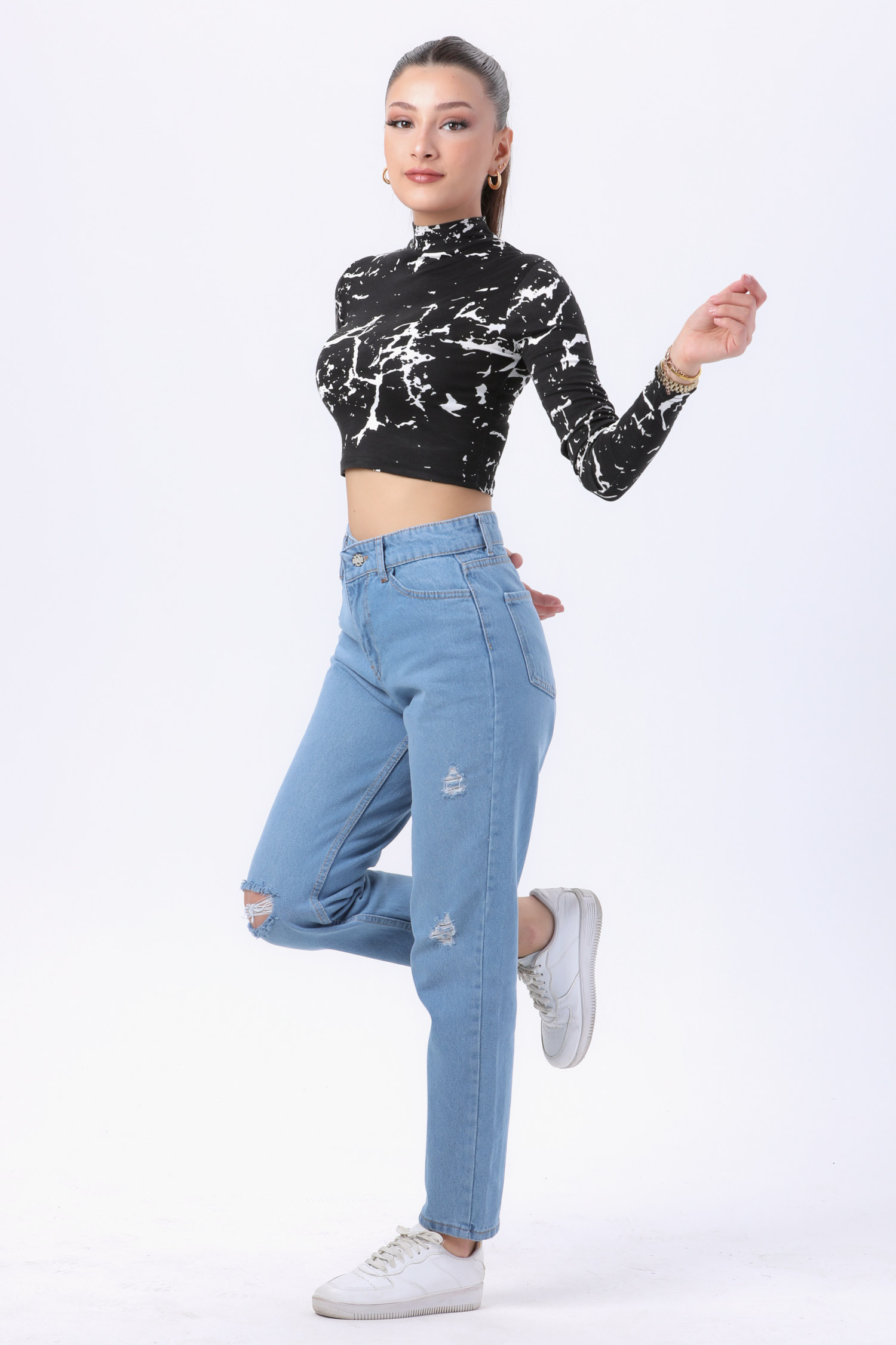 23809-BUZ-MAVI Mom Jeans Kot Pantolon